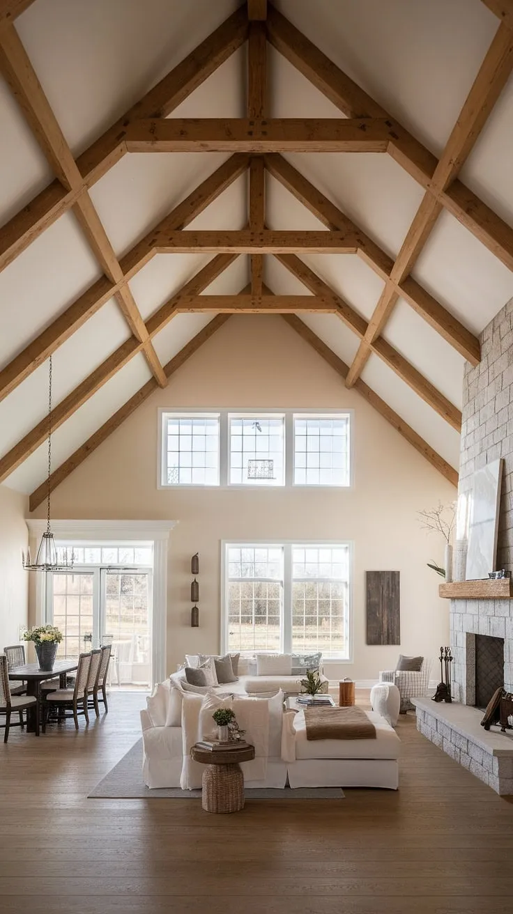 This open-plan farmhouse living room is a testament to understated elegance. The minimalist decor allows the natural beauty of the exposed beams, stone fireplace, and wood floors to shine. Large windows flood the space with light, highlighting the comfortable seating area arranged around the fireplace. A tranquil retreat where rustic charm meets contemporary design, this home offers a sanctuary of peace and comfort.