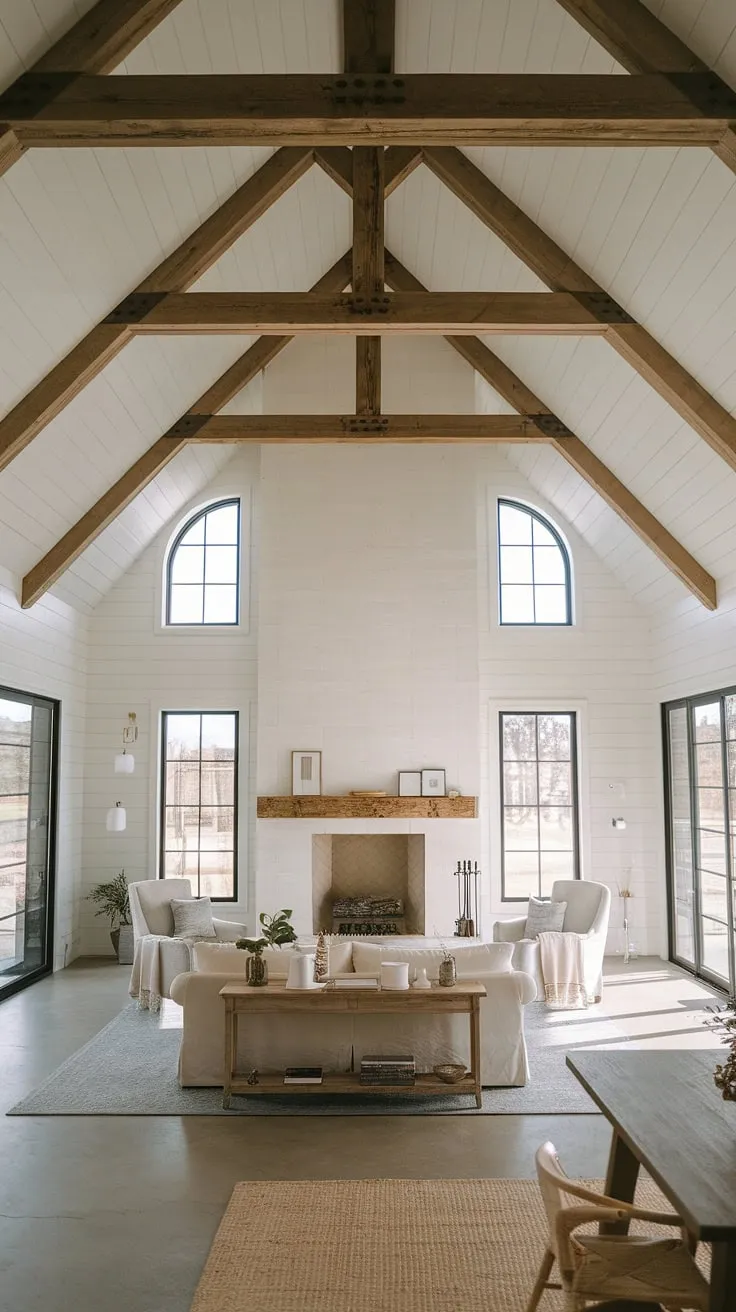 Sunlight streams through the expansive windows of this minimalist farmhouse living room, illuminating the vaulted ceiling and warming the stone fireplace. The open floor plan effortlessly connects the seating area and dining space, creating a sense of calm and spaciousness. A perfect blend of rustic charm and modern simplicity.