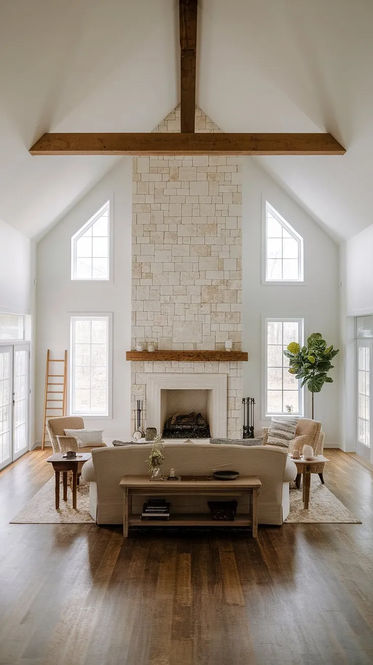 Sunlight streams through the windows flanking the impressive stone fireplace, illuminating the airy, open-plan living room. The carefully curated decor, including a simple wooden ladder and potted plant, adds subtle texture and warmth to the space, creating a haven of understated elegance and comfort.