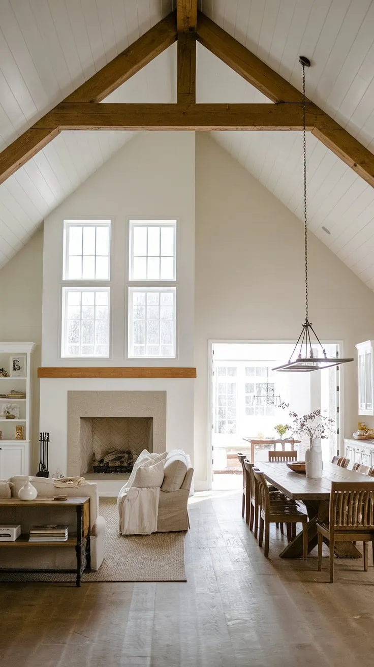 Open concept living at its finest. The vaulted ceilings and expansive windows bathe this farmhouse haven in natural light, creating a serene and inviting atmosphere. A minimalist aesthetic, anchored by a cozy fireplace and a long wooden dining table, perfectly complements the rustic charm of the exposed beams. This is where memories are made.