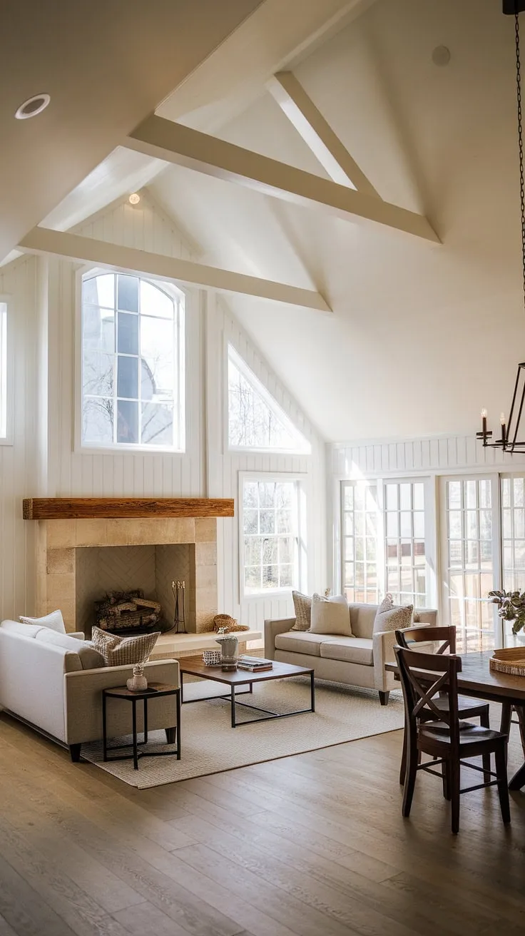 Sunlight streams through the expansive windows of this farmhouse living space, illuminating the stone fireplace and the comfortable modern furniture. The vaulted ceiling adds to the airy feel, creating a perfect blend of rustic charm and contemporary elegance. A sense of warmth and inviting comfort pervades the entire room.