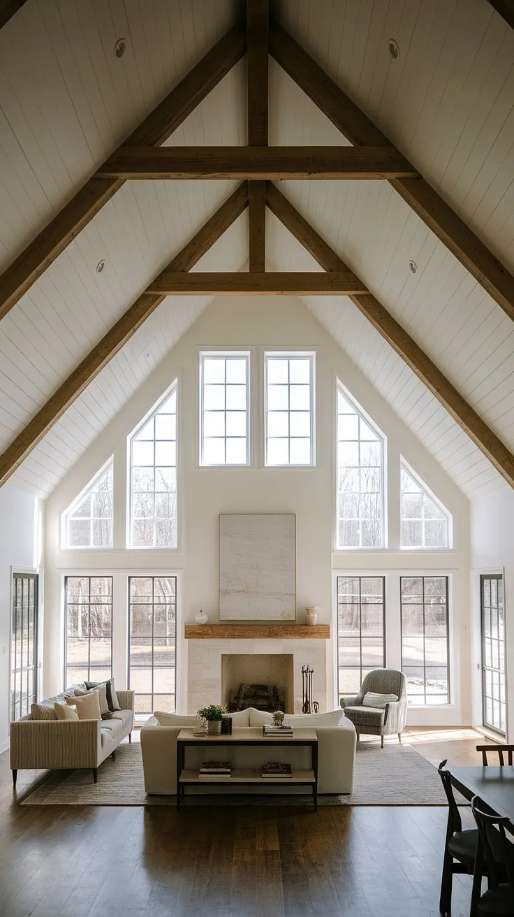 This farmhouse's open living and dining area is a testament to A sophisticated simplicity. The vaulted ceiling, large windows, and minimalist furniture create a space that is both airy and inviting, while the fireplace adds a touch of rustic warmth. A tranquil retreat where modern design meets country charm.