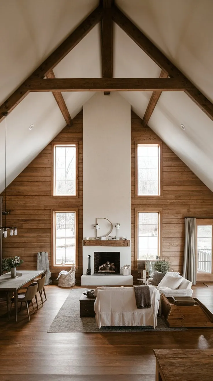Rustic charm meets modern simplicity in this farmhouse's open-plan living space. The soaring vaulted ceiling and expansive fireplace, complete with flanking windows, create a breathtaking focal point, while the minimalist decor and warm wood tones offer a sense of calm and understated elegance. A perfect blend of comfort and style.