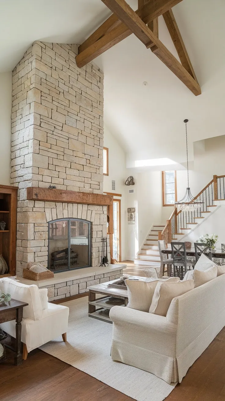 Rustic charm meets modern openness in this stunning farmhouse. The expansive living area, anchored by a magnificent stone fireplace with a glass-fronted wood stove, seamlessly flows into the dining space, creating a warm and inviting atmosphere. The vaulted ceilings and light-filled design amplify the sense of spaciousness, while the wooden staircase adds a touch of architectural elegance. A perfect blend of comfort and style.