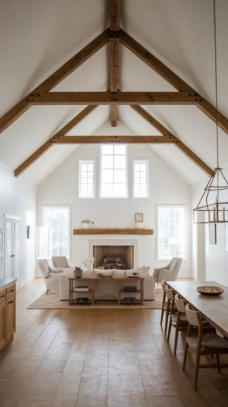 This airy farmhouse living space effortlessly combines rustic elements with clean lines. The large fireplace, a focal point of the room, is perfectly complemented by the comfortable seating and long wooden dining table. Natural light floods the space, highlighting the beautiful wooden floors and creating a warm and inviting atmosphere.