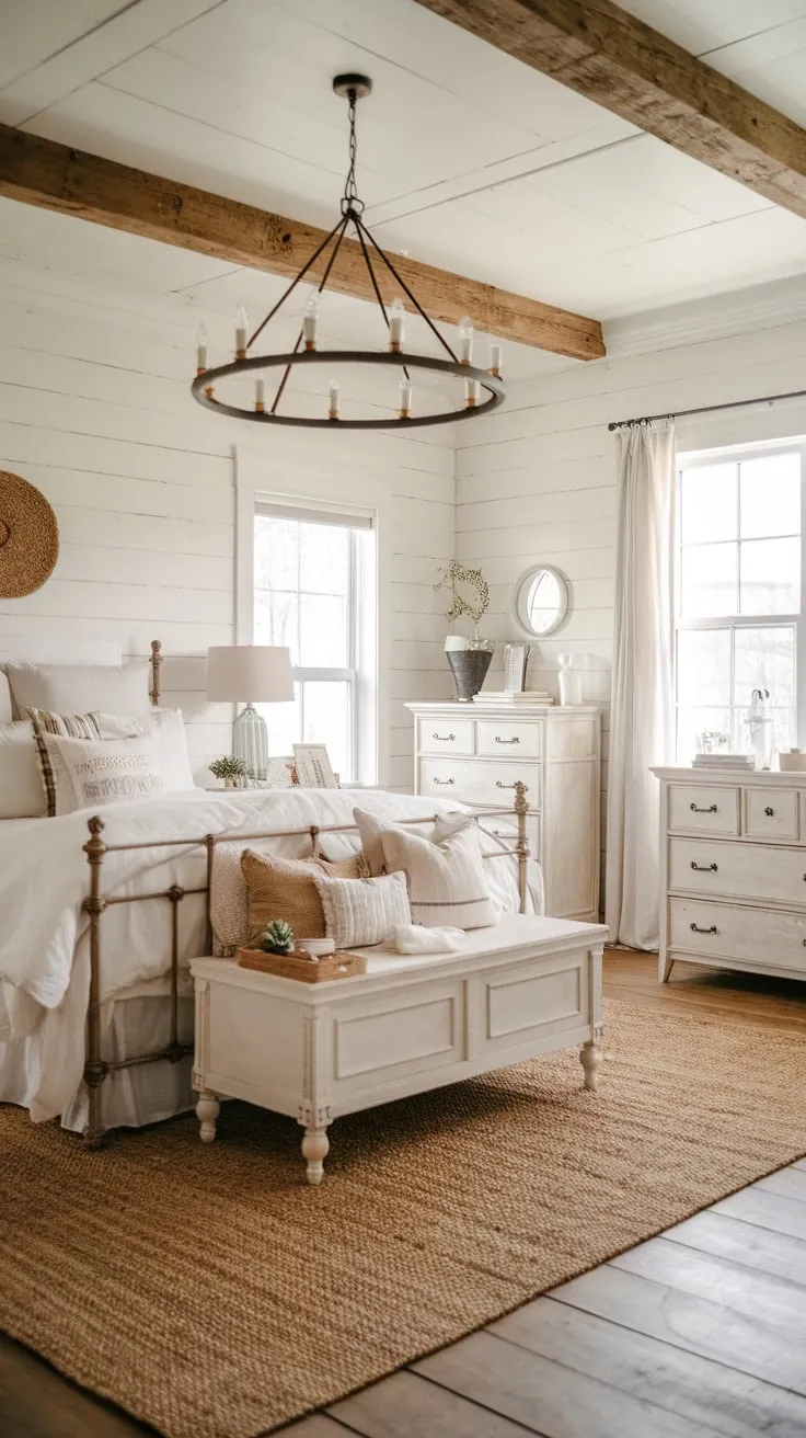 A charming farmhouse master bedroom boasts a whitewashed aesthetic, woven textures, and a wood floor, creating a peaceful country retreat.