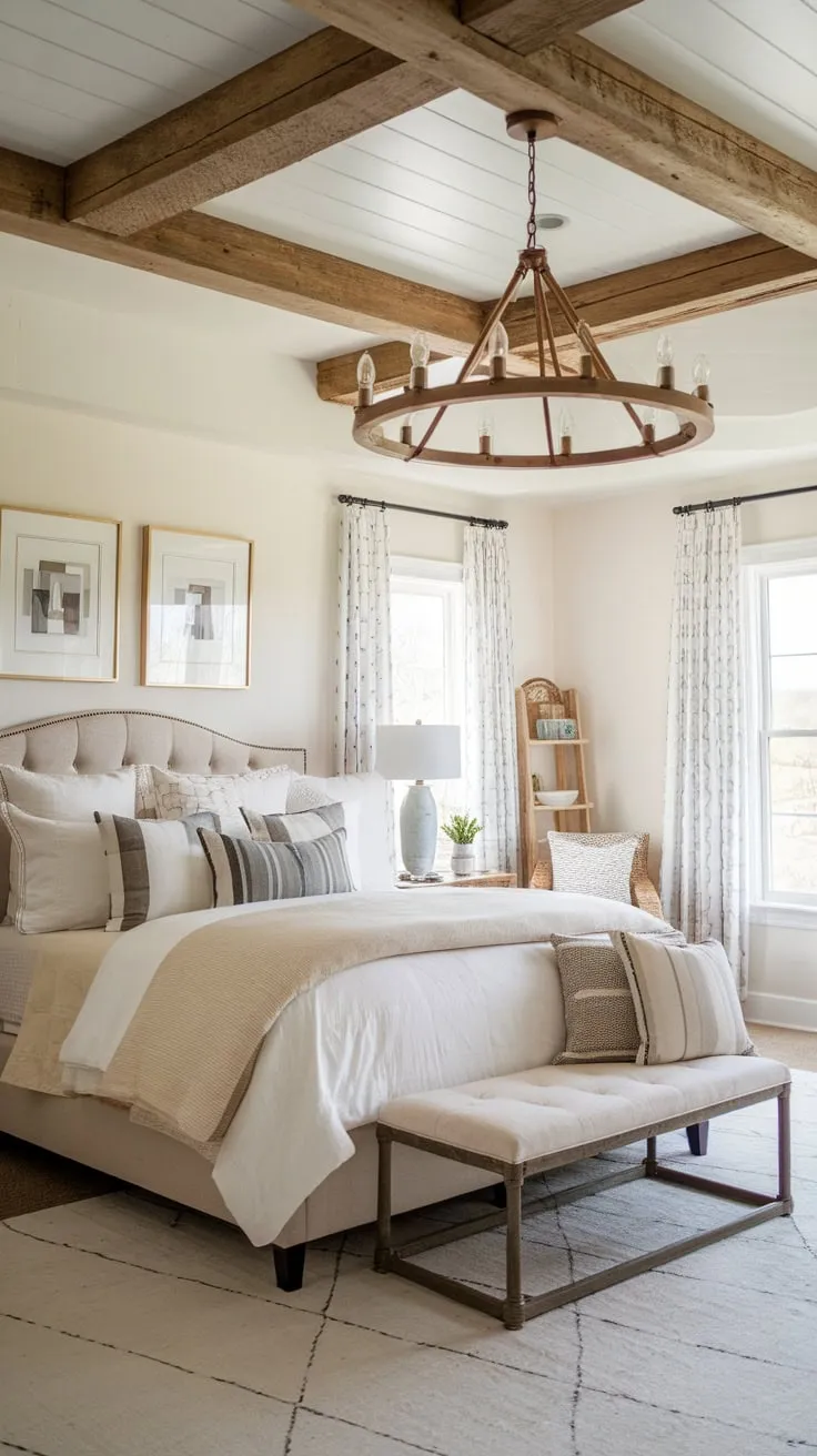 A white farmhouse master bedroom boasts a wooden beam ceiling, a chic aesthetic, and modern farmhouse bedding.