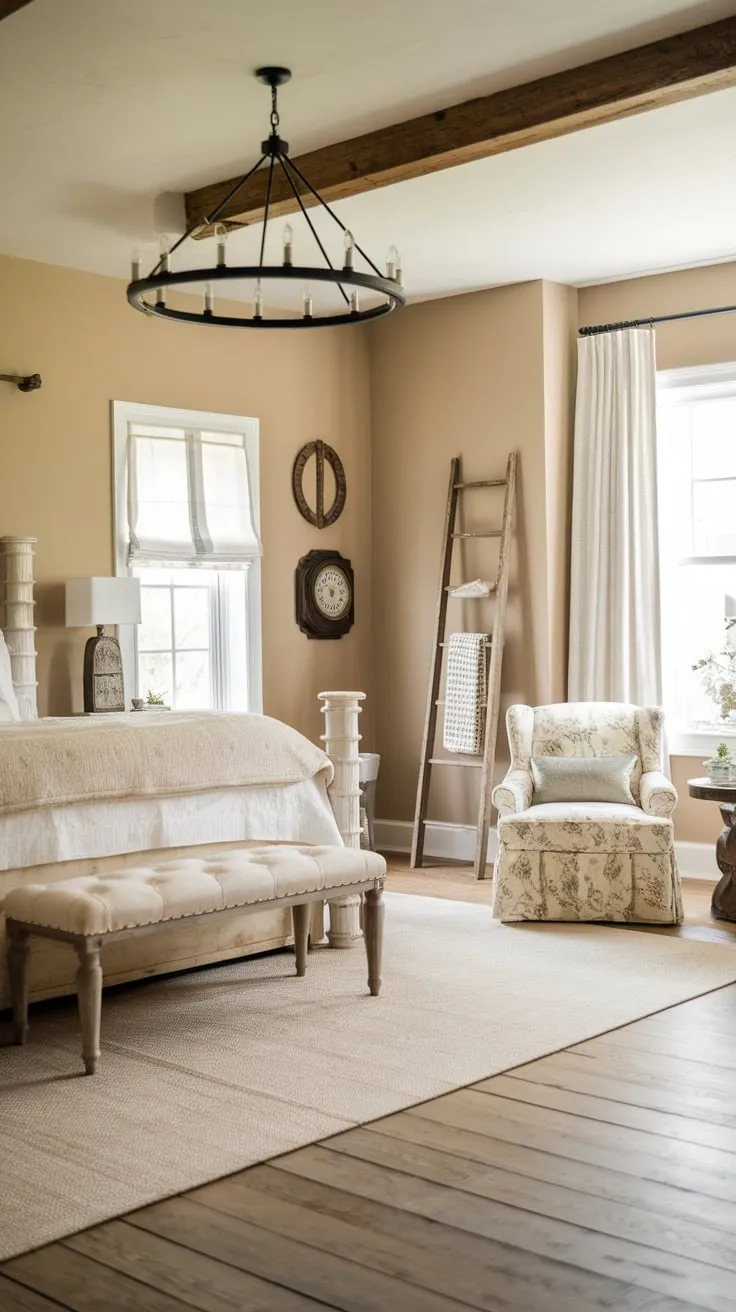 A calming farmhouse master bedroom features a white bed, beige accents, and wooden floors, creating a peaceful country retreat.