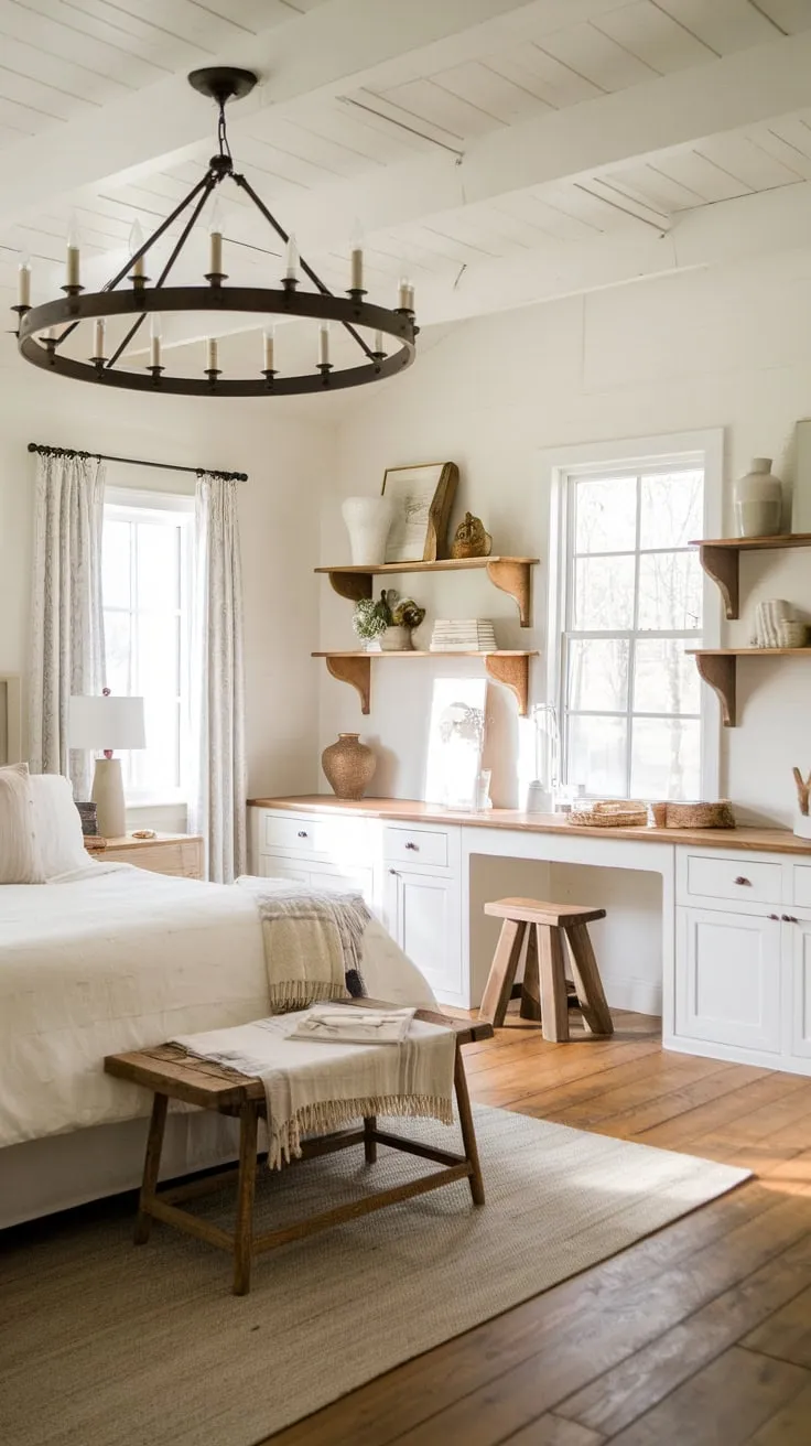 Cozy farmhouse bedding and a large chandelier highlight a white master bedroom with wooden floors and charming country details.