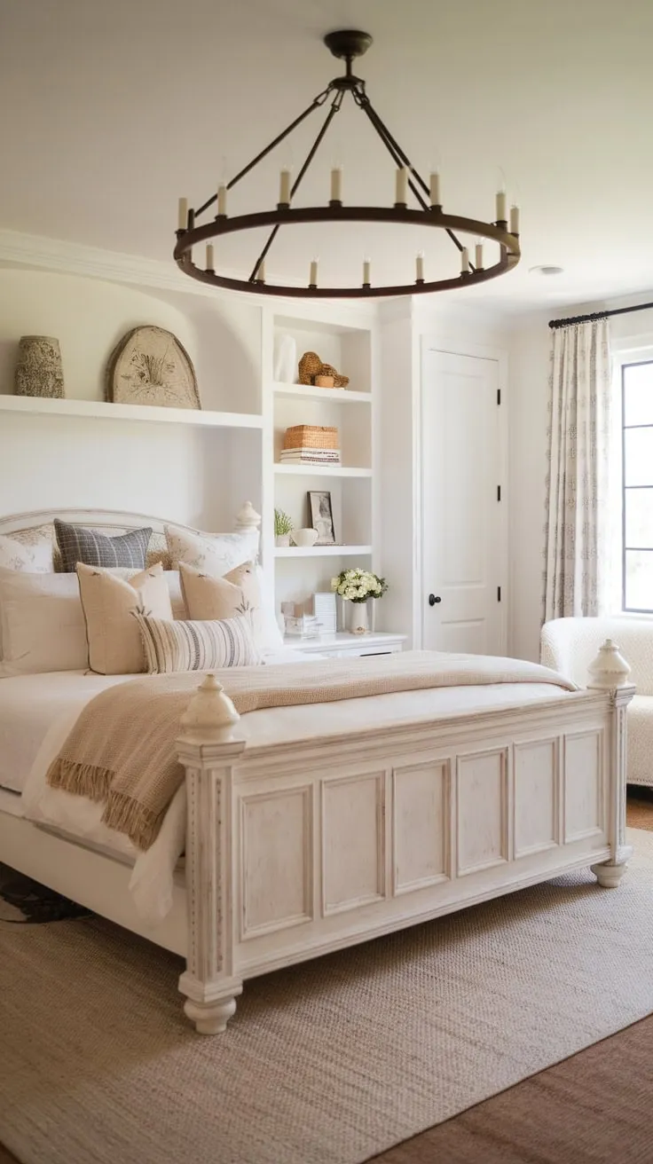 A serene modern farmhouse master bedroom boasts a white bed, beige accents, and a calming white palette.