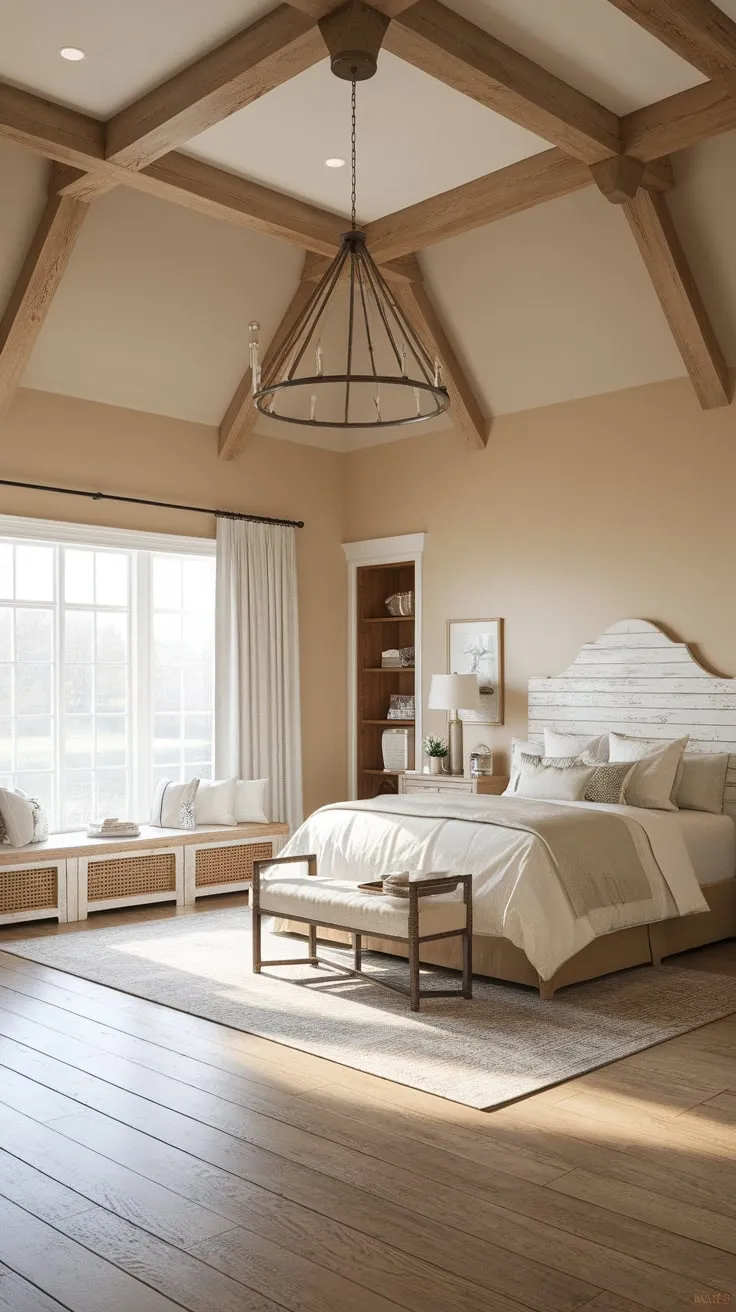 A king-size bed, soft beige walls, and natural light create a serene and inviting atmosphere in this charming farmhouse master bedroom.