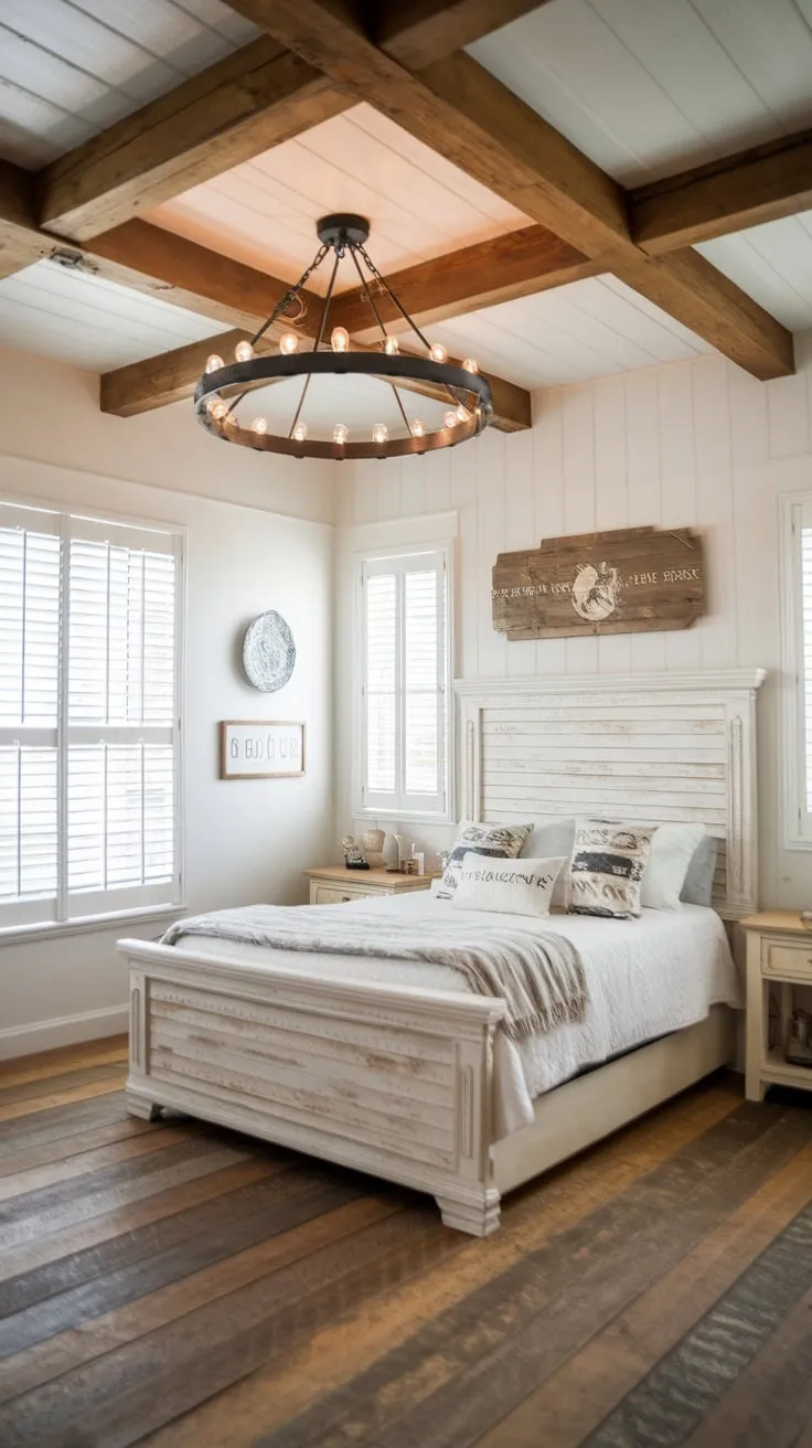 A charming farmhouse master bedroom boasts a queen bed, wooden beams, and a large window, creating a chic blend of modern and country style.
