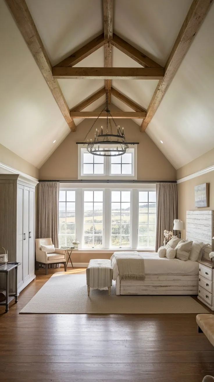 A serene farmhouse master bedroom boasts vaulted ceilings, hardwood floors, and a scenic view, creating an aesthetic and tranquil retreat.