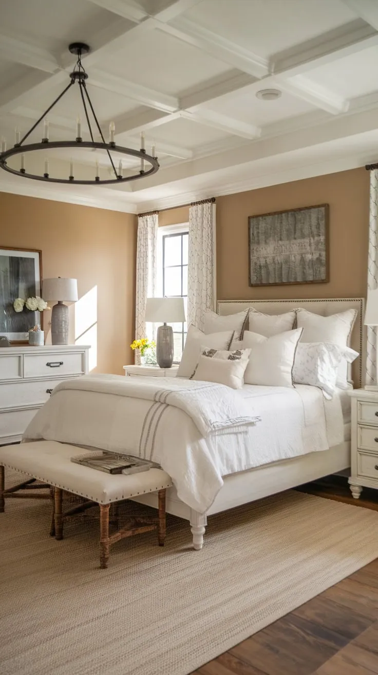 A serene beige farmhouse master bedroom features a white bed, dresser, and nightstand, complemented by a beige rug and a modern chandelier.