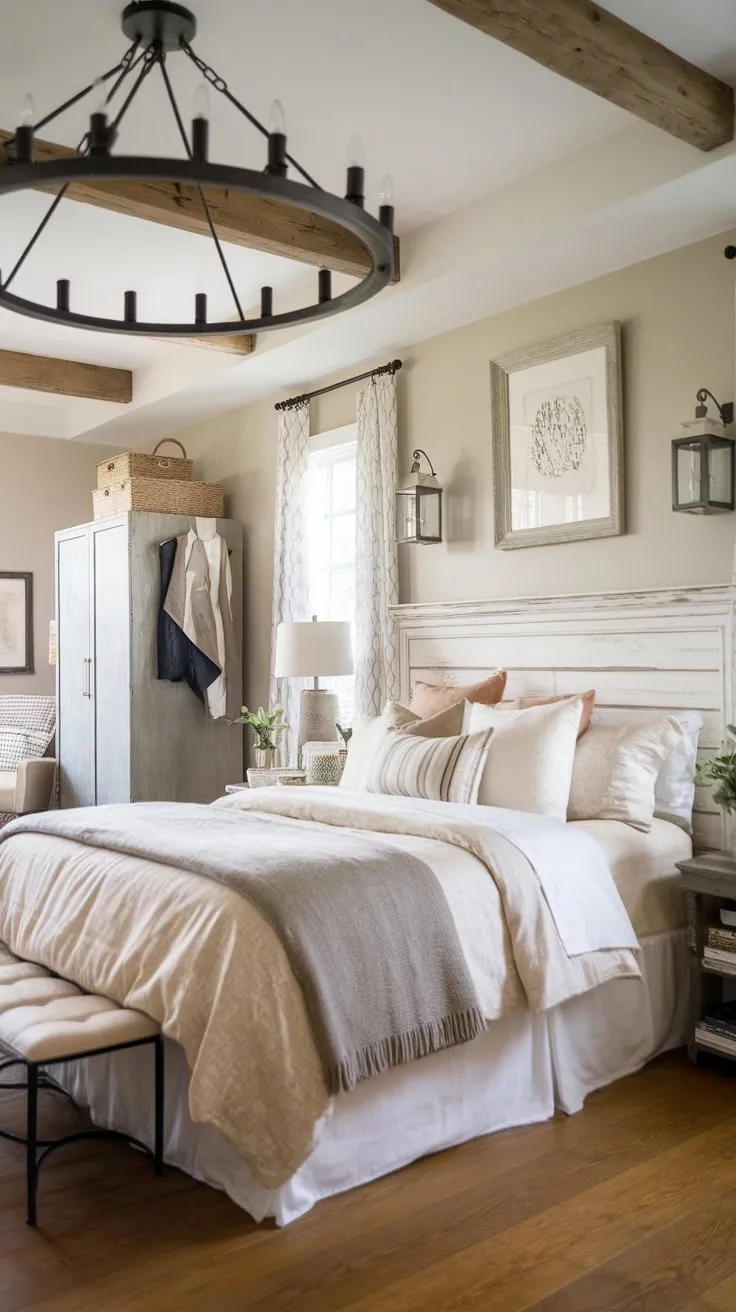 A cozy farmhouse master bedroom boasts a large chandelier, white bedding, and wood floors, creating an aesthetically pleasing country retreat.