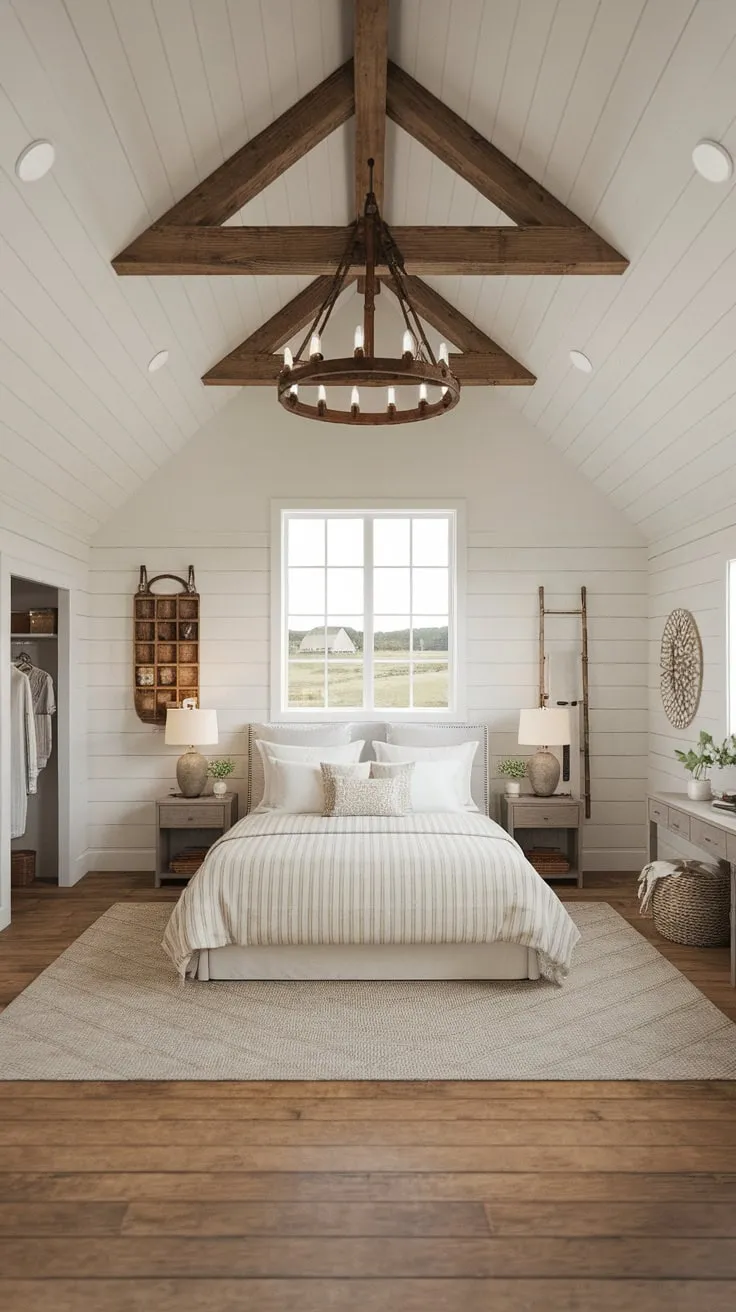 A high-ceilinged farmhouse master bedroom boasts a charming blend of modern and country style, complete with wooden beams, a large window showcasing a farm view, and a cozy queen-size bed.