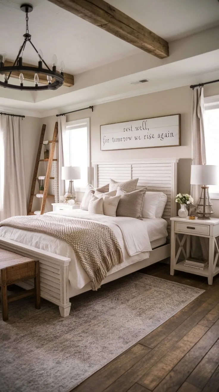A charming small farmhouse master bedroom boasts a cozy aesthetic with a white bed, gray rug, and inspirational décor.
