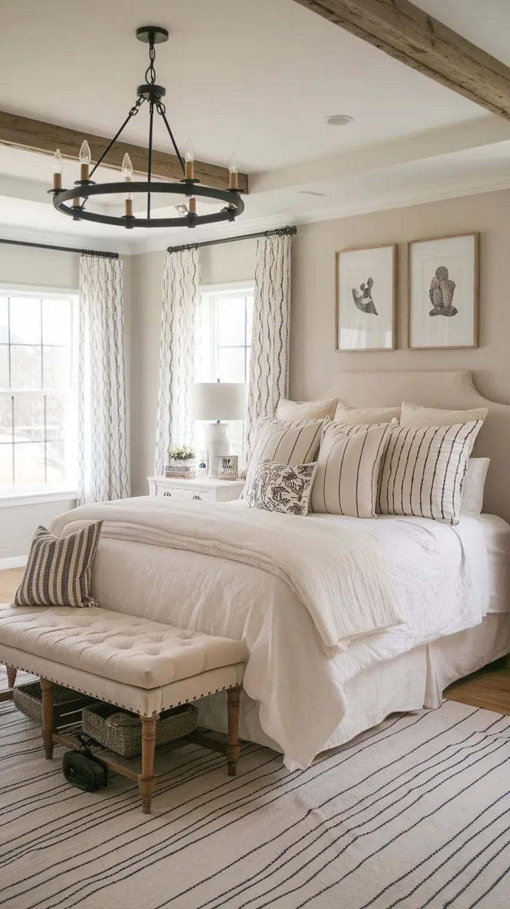 This modern farmhouse master bedroom boasts a charming country aesthetic with white accents and a chic chandelier.