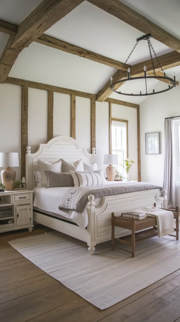 A modern farmhouse master bedroom boasts a white bed, wooden floors, exposed beams, and a charming chandelier.