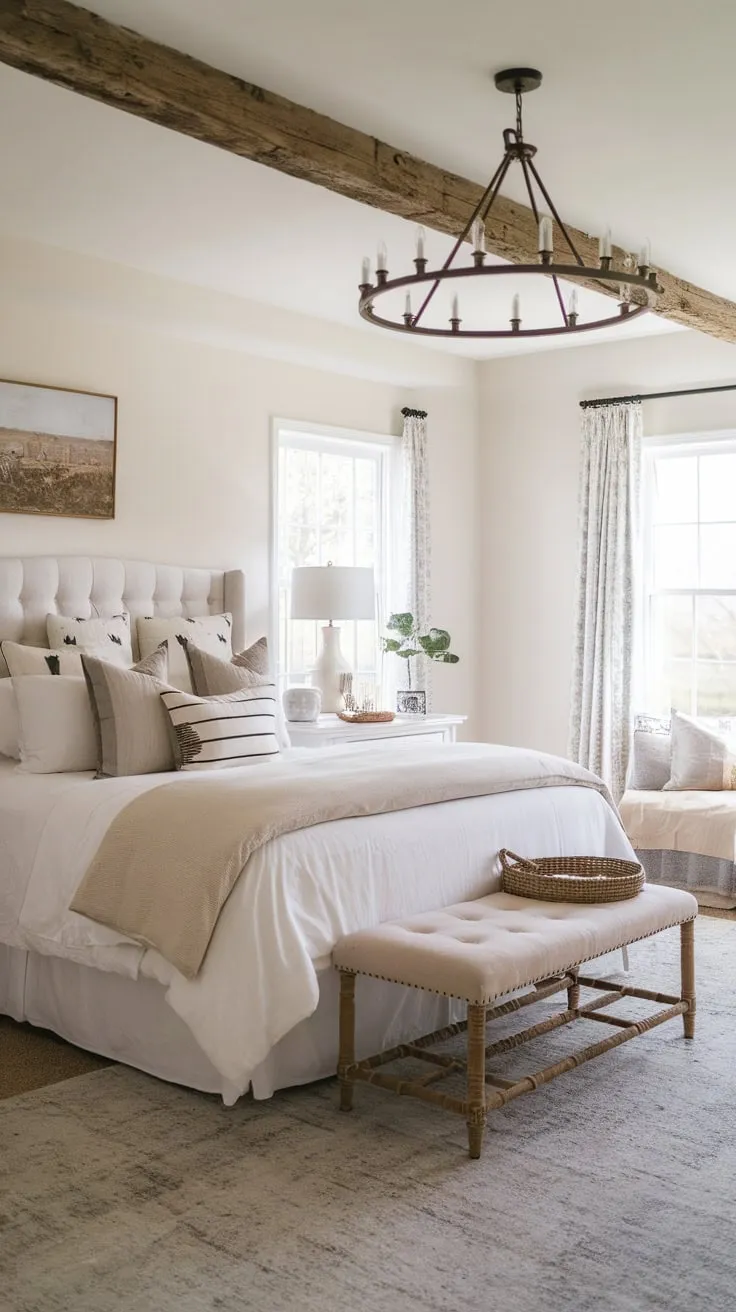 A charming, small farmhouse master bedroom boasts a modern country aesthetic with a whitewashed feel and elegant chandelier.