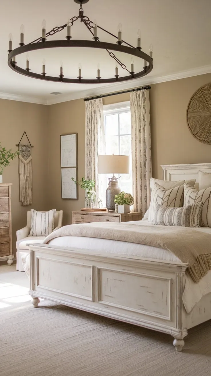 A calming beige farmhouse master bedroom boasts a large chandelier, white bed, and charming country details.