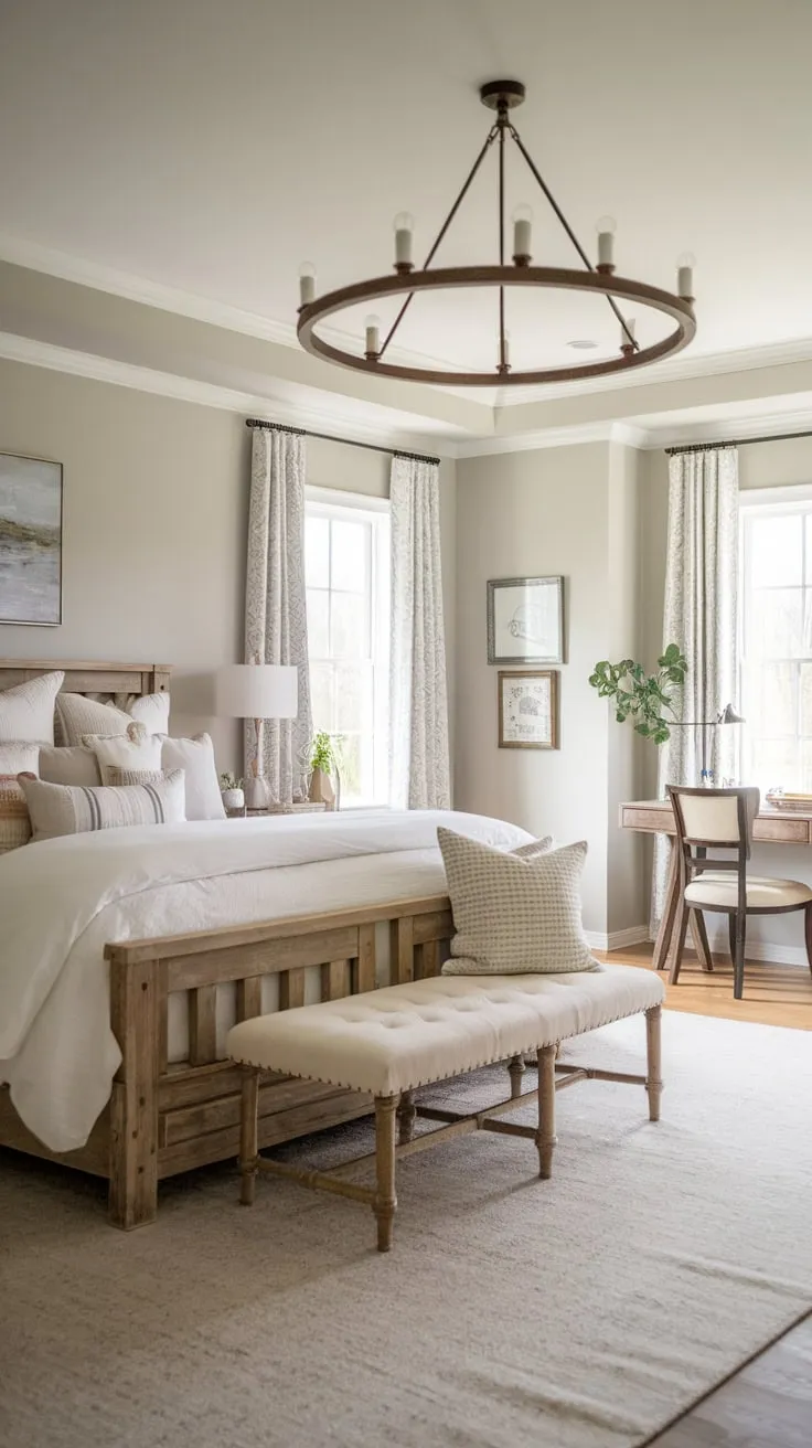 A light gray farmhouse master bedroom boasts a chic country aesthetic with a wooden bed, white bedding, and a beige rug under a charming chandelier.