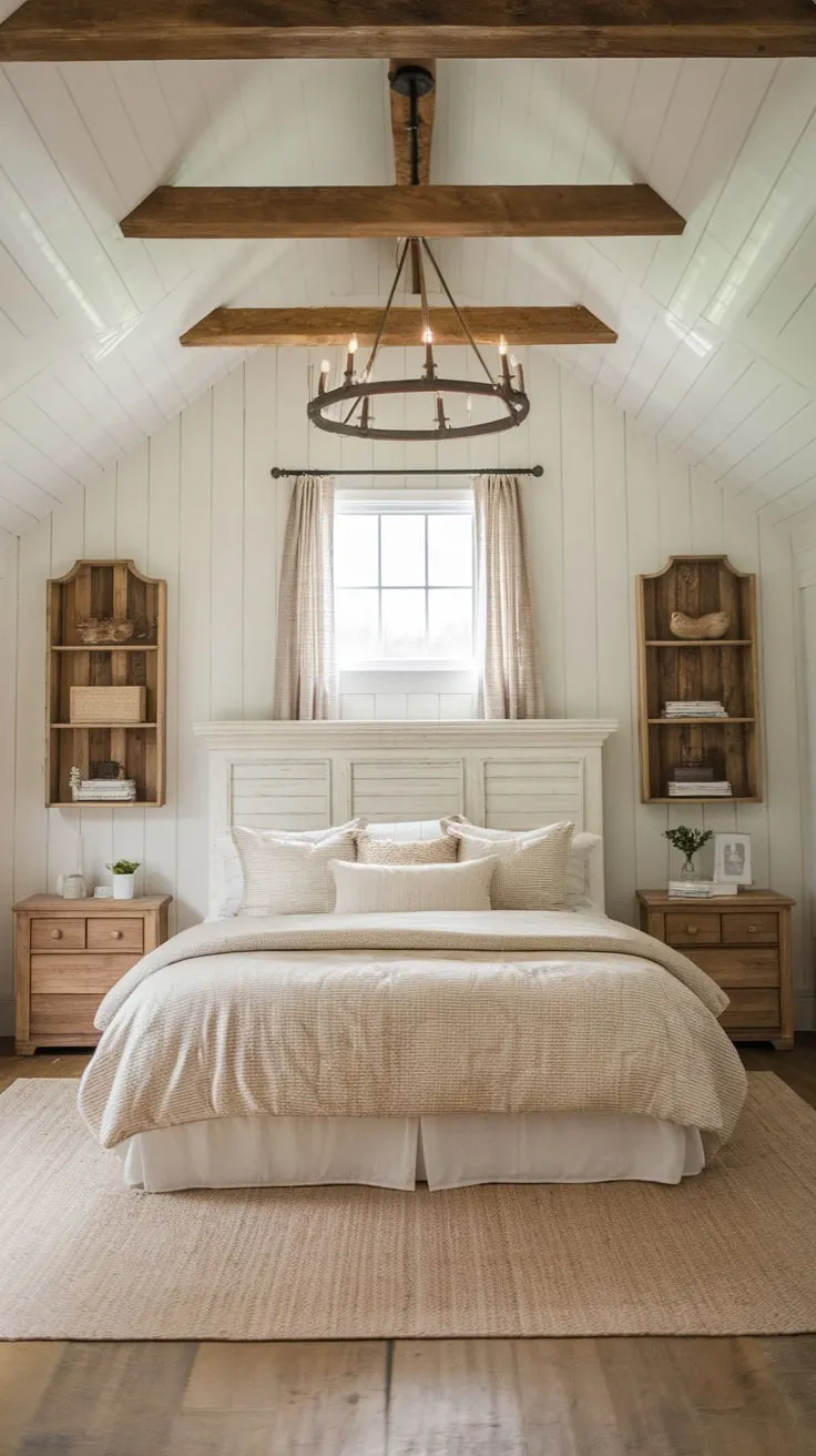 A charming farmhouse master bedroom features a white-walled haven with wooden beams, a textured beige bedspread, and wooden accents creating a peaceful country atmosphere.