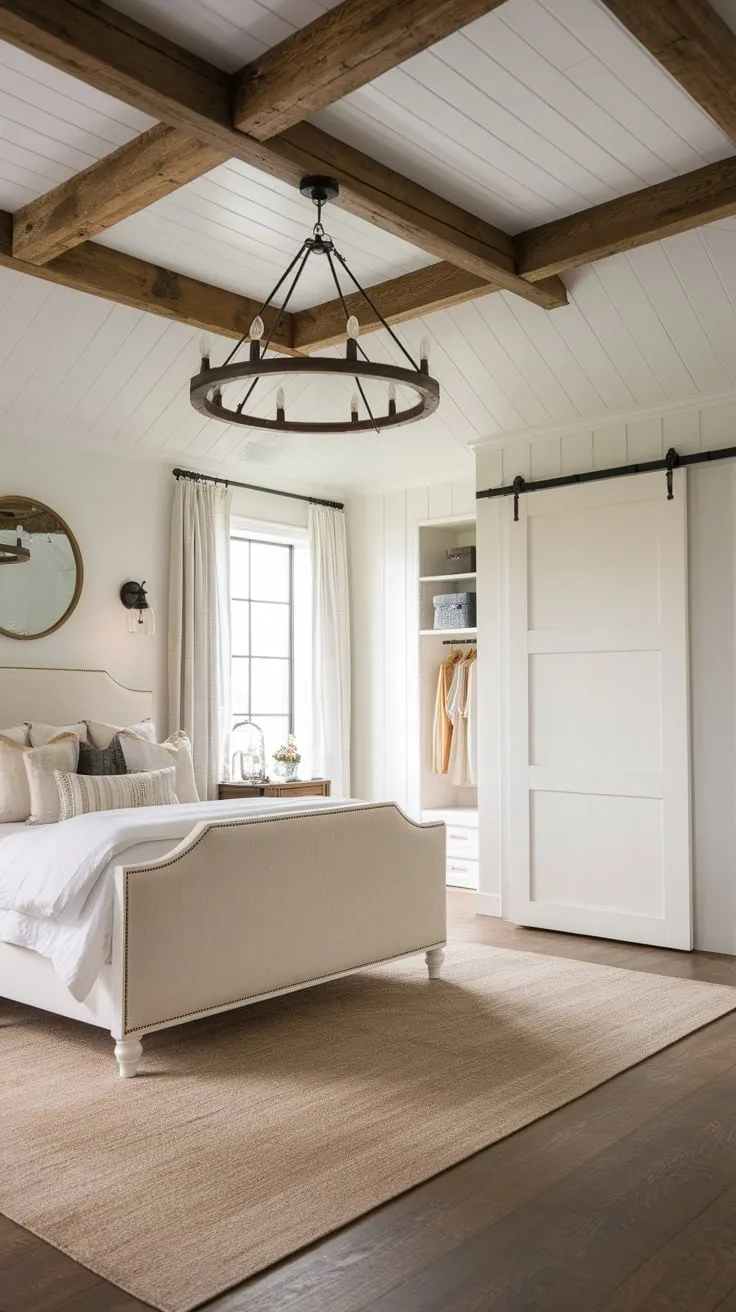 A serene farmhouse master bedroom boasts a whitewashed aesthetic, wooden beams, and tasteful modern touches for a relaxing retreat.