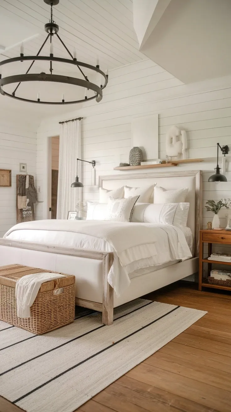 A calming modern farmhouse master bedroom boasts a white bed, wooden accents, and a large chandelier above hardwood floors.
