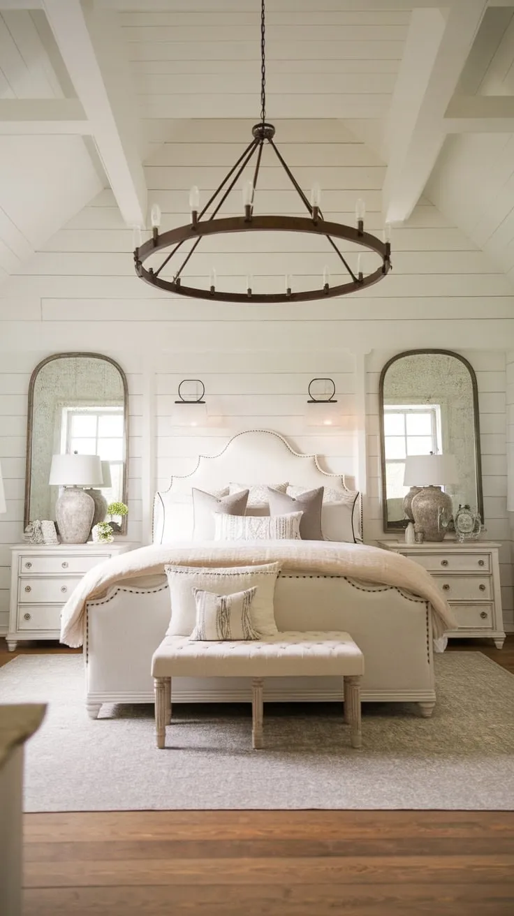 High ceilings and a large chandelier highlight this serene white farmhouse master bedroom with a cozy, country feel.