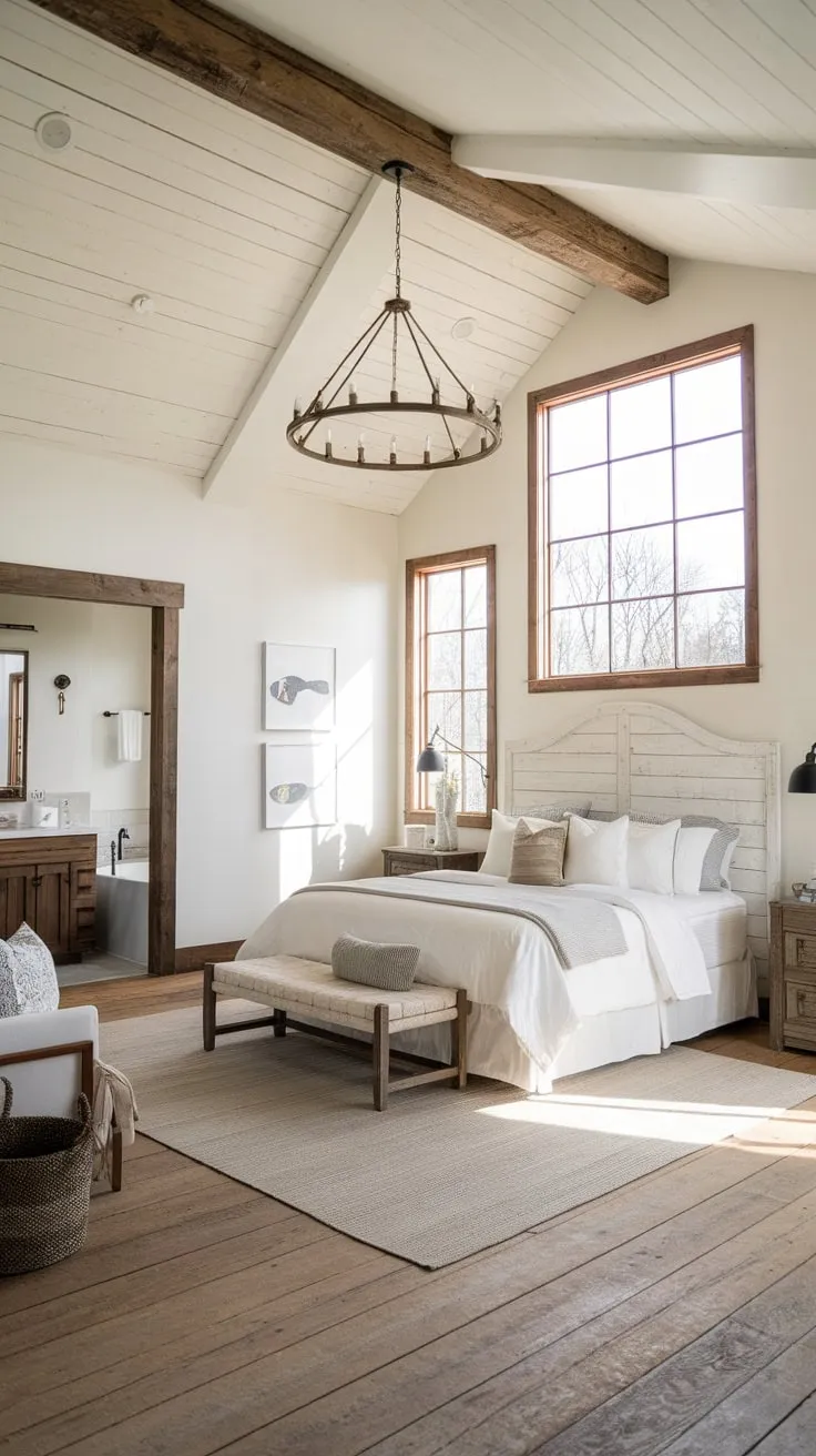 High ceilings, natural light, and simple décor create a serene farmhouse master bedroom retreat.