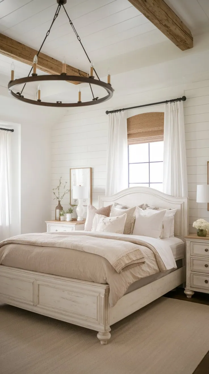 Simple white furnishings and a few personal touches define this charming farmhouse master bedroom's cozy country style.