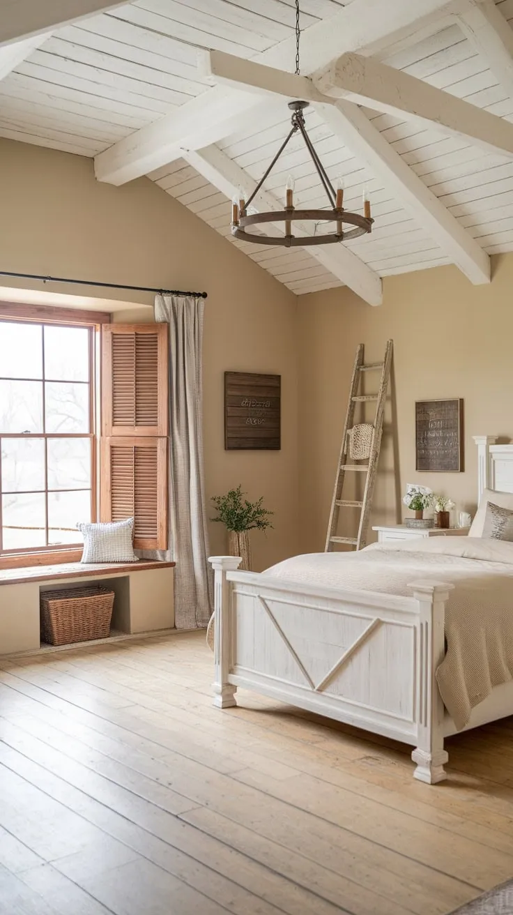 A calming farmhouse master bedroom features a queen bed, wooden accents, and a large window, creating a peaceful country retreat.