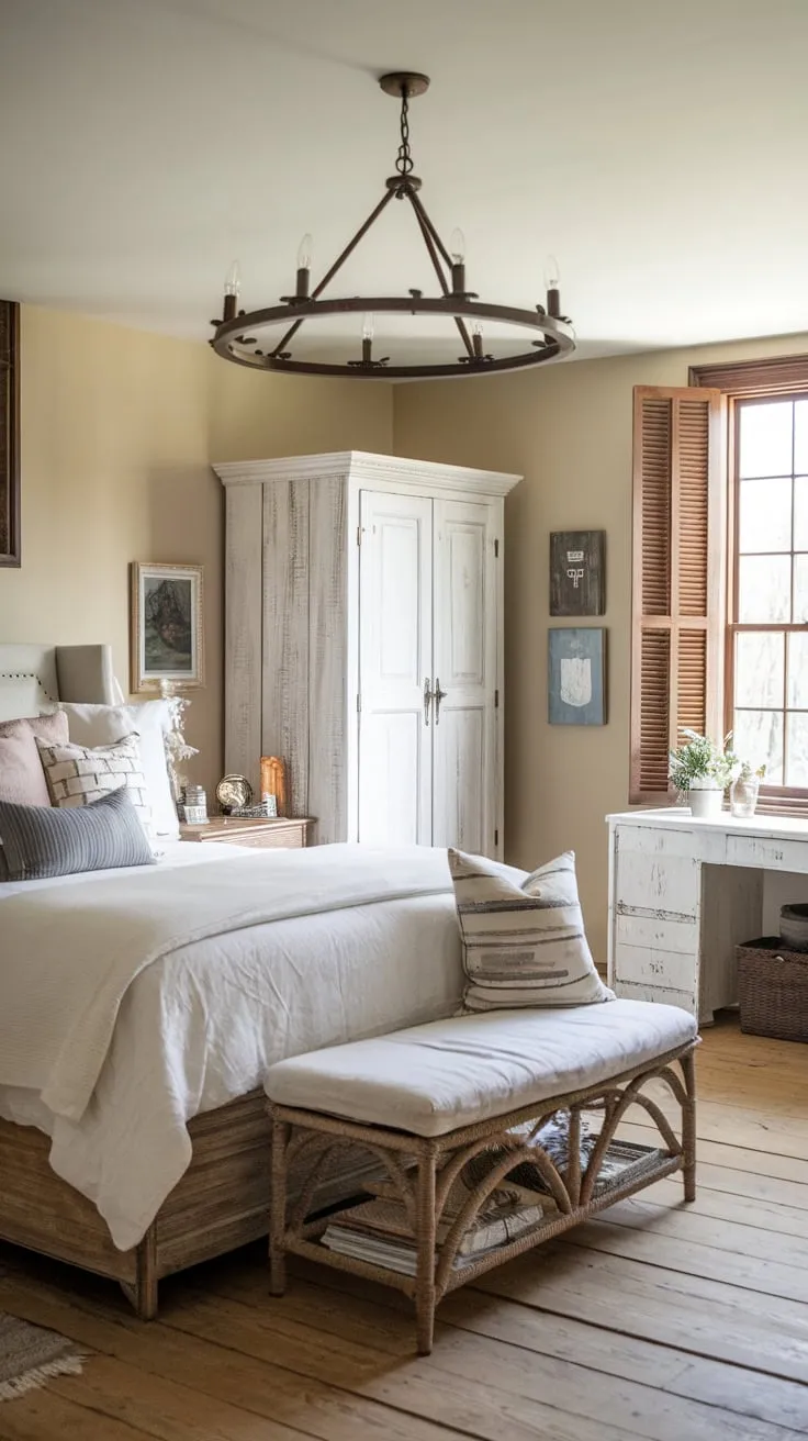 A charming farmhouse master bedroom boasts a chic country aesthetic with a white bed, wooden floors, and a large window.