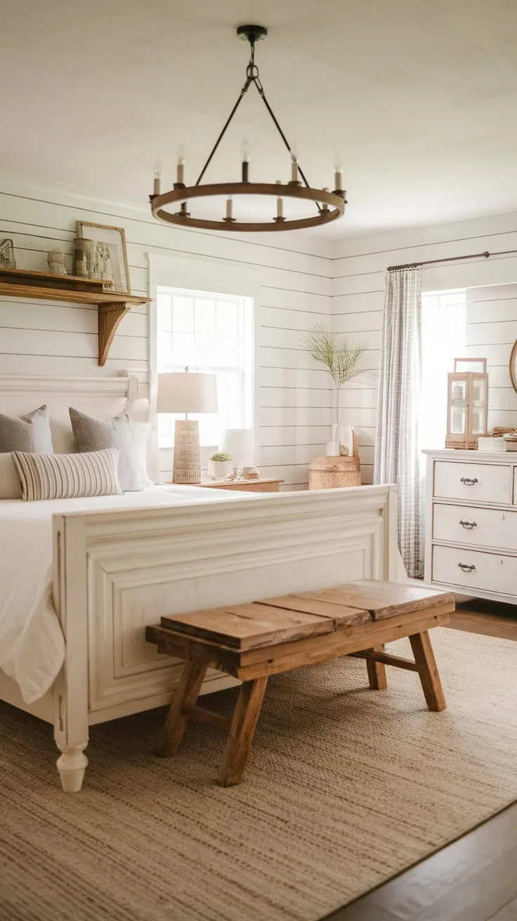 A charming farmhouse master bedroom boasts shiplap walls, a white bed, and tasteful modern accents for a chic country feel.