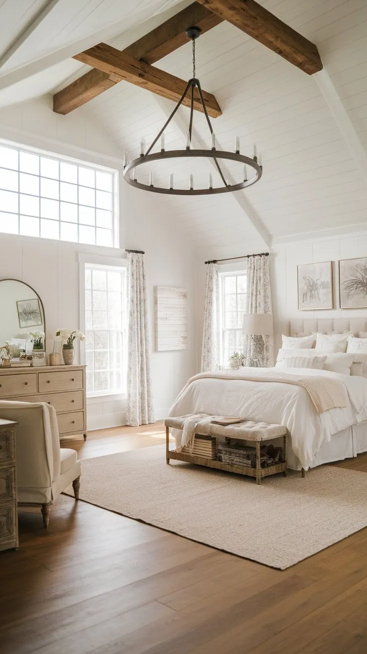 Sunlight streams into a spacious farmhouse master bedroom, highlighting a queen bed, hardwood floors, and charming country décor.