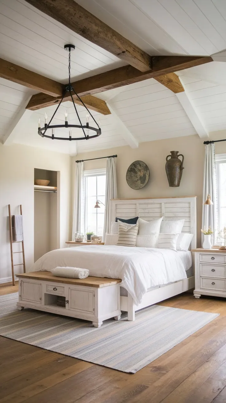 A whitewashed farmhouse master bedroom boasts wooden beams, a corner bed, and charming country details.