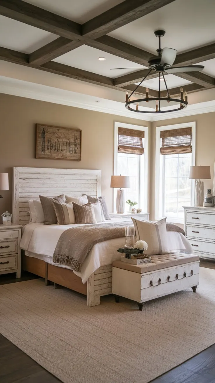 A serene farmhouse master bedroom boasts a modern aesthetic, featuring a queen bed, beige rug, and white furnishings under a ceiling fan and chandelier.