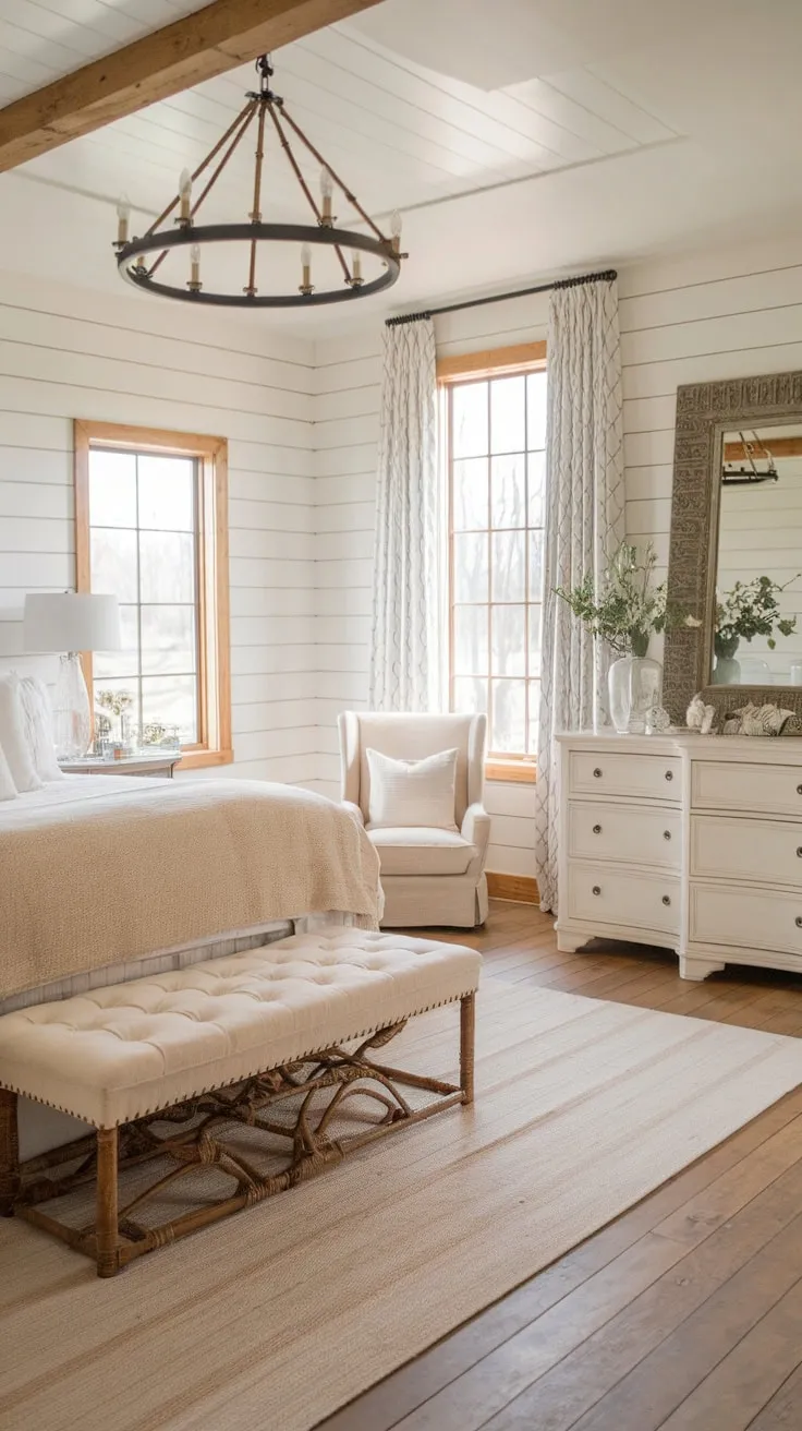 A serene farmhouse master bedroom boasts shiplap, natural wood, and calming neutrals creating a peaceful country retreat.