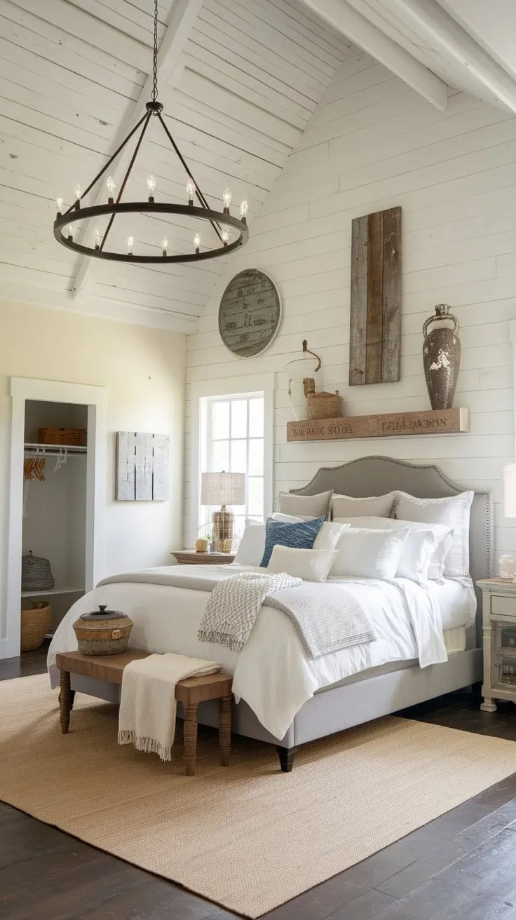 A gray-headboarded bed anchors a spacious farmhouse master bedroom with high ceilings, a beige rug, and a large chandelier.