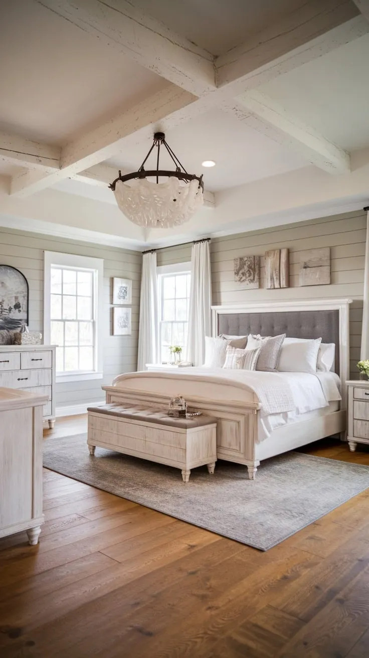 A serene modern farmhouse master bedroom boasts a king-size bed, white accents, and light gray walls creating a calming and stylish space.