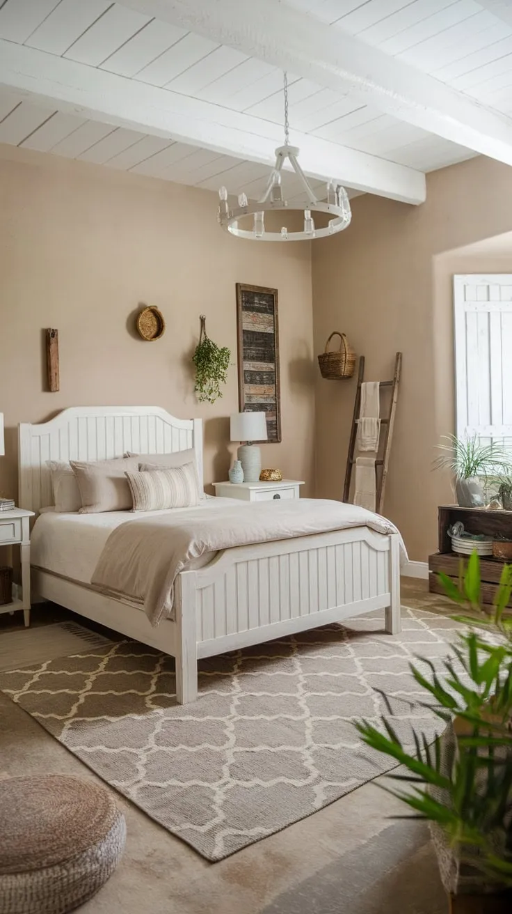 A serene farmhouse master bedroom boasts a queen bed, beige walls, and charming details like a wooden ladder and white shutters creating a peaceful retreat.