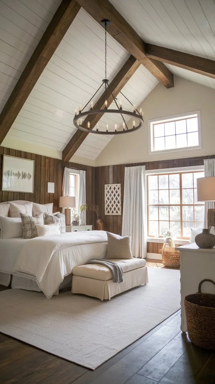 A whitewashed haven of farmhouse style, this master bedroom boasts a vaulted ceiling, wooden accents, and a tranquil atmosphere.
