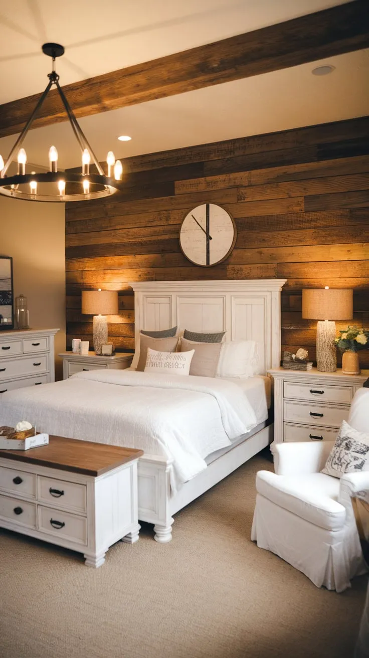 A serene modern farmhouse master bedroom boasts a white queen bed, wood plank walls, and warm lighting, creating a simple yet charming space.