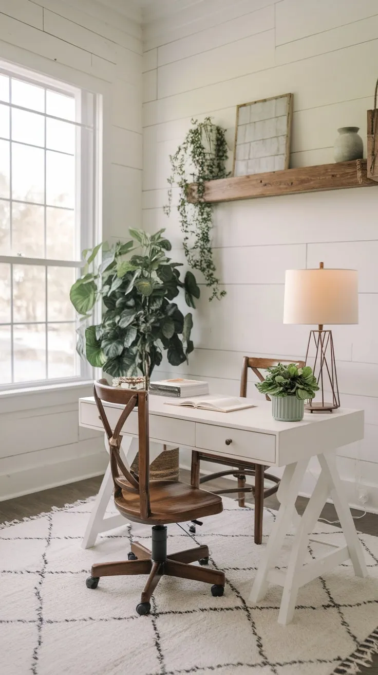 A bright farmhouse office boasts a white desk, wooden chair, and natural light, creating a peaceful workspace.