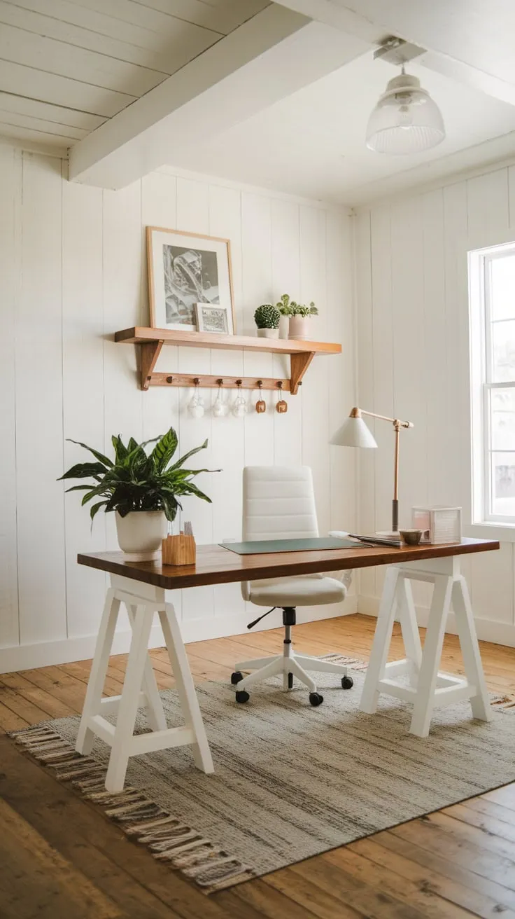 Bright light illuminates a modern farmhouse office featuring a wooden desk, white chair, and potted plant against white walls and wood floors.