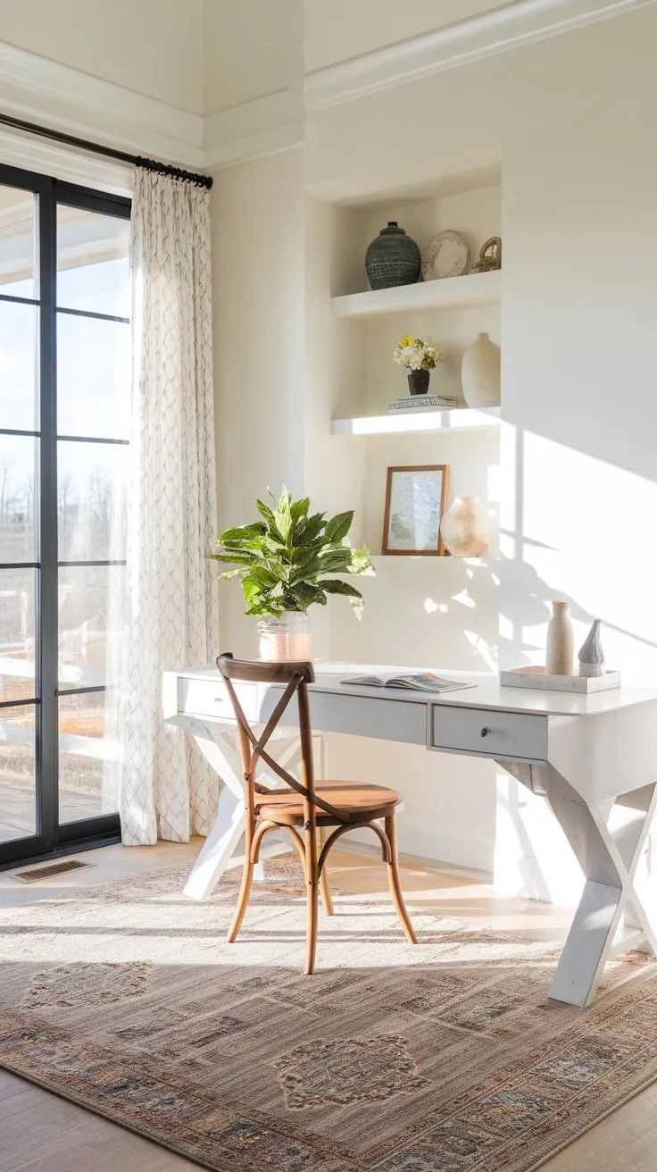 A bright farmhouse office boasts a stylish workspace accented by natural wood and pops of greenery.
