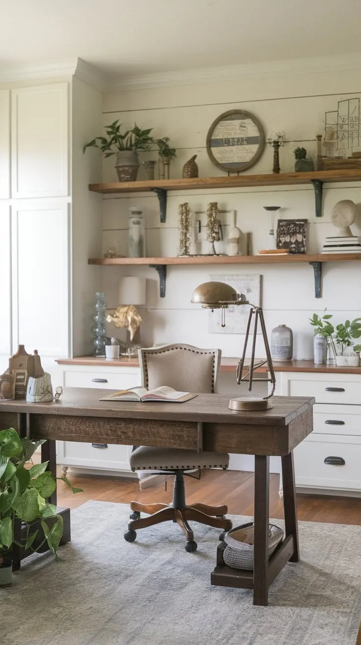 A serene farmhouse office blends wooden warmth, vintage accents, and greenery for a productive yet cozy workspace.
