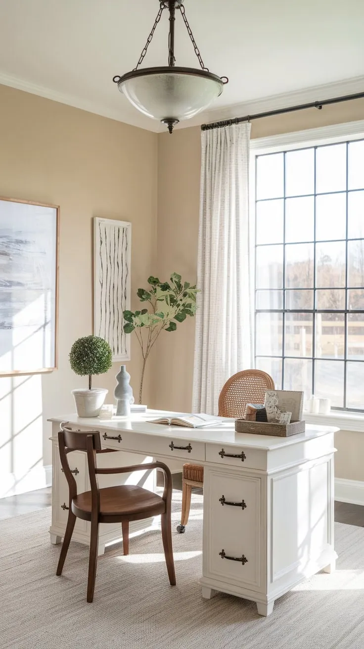 Sunlight streams into a charming farmhouse office, illuminating a white desk, wooden chair, and tasteful décor.