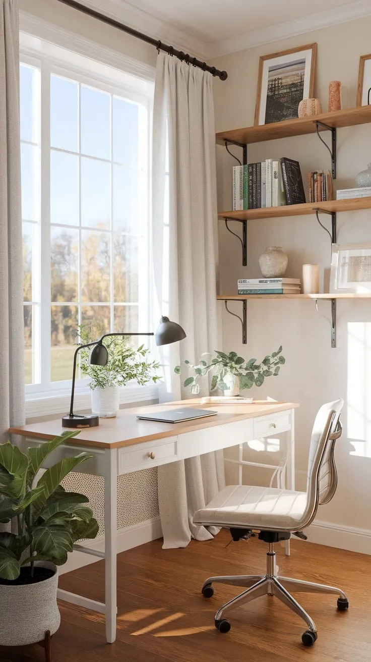 A bright farmhouse office features a sunlit desk, wooden shelves overflowing with books, and a calming atmosphere perfect for productivity.